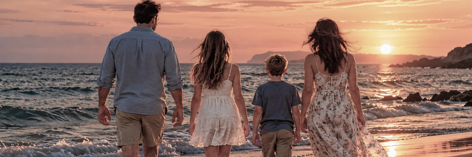 Una familia camina hacia el mar al atardecer
