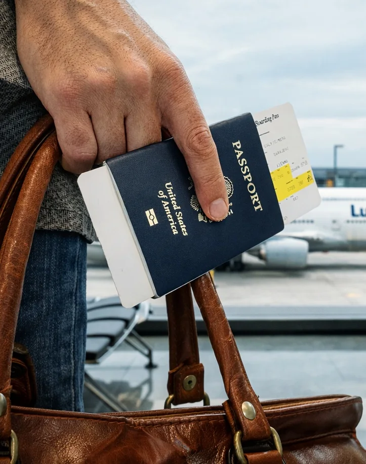 Pasajero con su pasaporte y la tarjeta de embarque en la mano, en la puerta de embarque