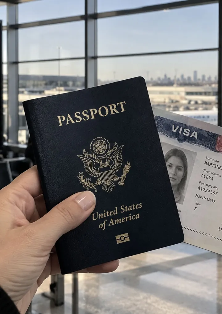 Una mano sostiene un pasaporte y una visa frente al ventanal de un aeropuerto